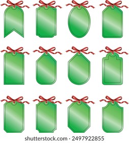 Set of green gift tags with red bow and gold trim