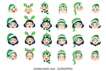 Set green girl christmas emoji cute face vector illustration
