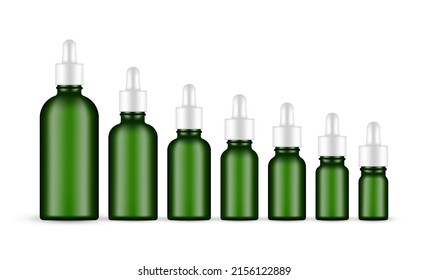 Set of Green Glass Dropper Bottles With Various Sizes, Isolated on White Background. Vector Illustration