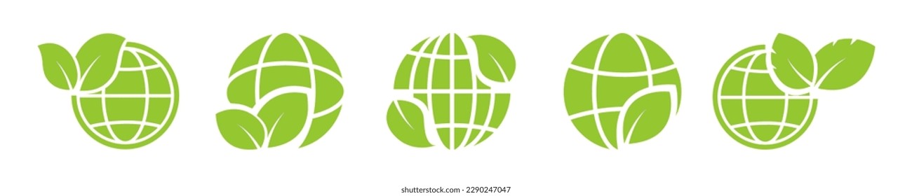 Set of green globe with leaf vector icons. Clean energy. Save planet. Eco earth.