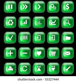 Set of green glossy buttons for web design on black background