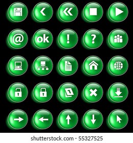 Set of green glossy buttons for web design on black background