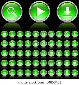 Set of green glossy icons on black background