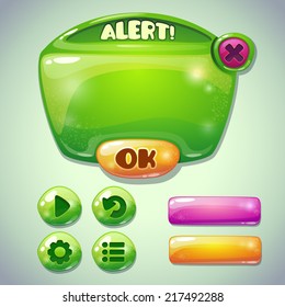 Set of green glossy information panel and buttons, beautiful sparkling elements for your game design