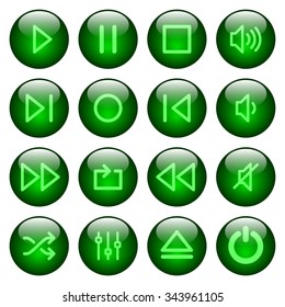 Set of green glossy round media player buttons. Arranged layer structure.