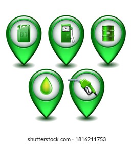 Conjunto de punteros de Mapa de Estilo Verde Glossy con iconos de la industria petrolera. Barril de petróleo verde, gota de petróleo, bomba de combustible, jamaiquino. diseño conceptual ambiental, concepto de biocombustible. Ilustración vectorial.