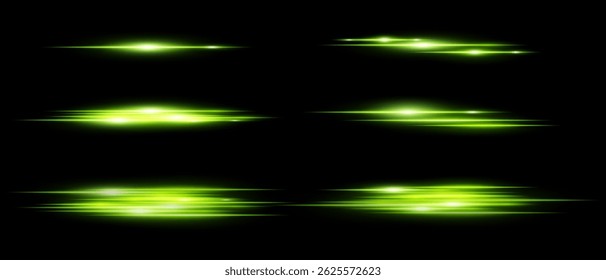 Set von grün leuchtenden horizontalen Lichtstreifen mit Bewegungsunschärfeeffekt auf schwarzem Hintergrund. Perfekt für Highlights, Overlays oder dynamische Übergänge im Design. Vektorgrafik.