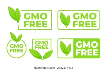 Conjunto de etiquetas y logotipos libres de OMG verdes con iconos de hojas, promoviendo alimentos orgánicos y productos naturales.
