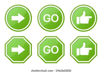 Set of green GO sign with arrow, word and hand