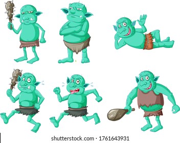 Set of green goblin or troll in different poses in cartoon character isolated illustration