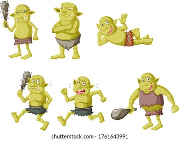 Set of green goblin or troll in different poses in cartoon character isolated illustration