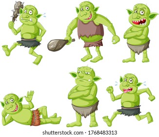 Satz grüner Goblin oder Troll in verschiedenen Posen in Cartoon-Charakter einzelne Illustration