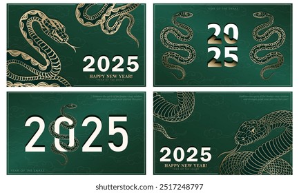 Conjunto de Anuncios verdes y dorados para el año Nuevo lunar 2025 o Navidades, celebrando el Año de la Serpiente con varias serpientes lineales dibujadas a mano (signo del horóscopo chino) con patrones de nubes arremolinadas