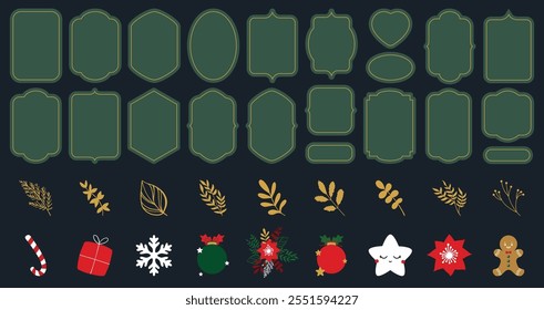 Set of green and gold frames. Collection of vertical blank templates to decorate text. Greeting, christmas frames. Decorative simple antique frames. Winter icons, stickers. Floral decor, gold branch