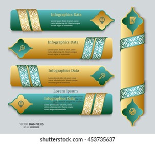 Set of green and golden banners with decorative floral ribbons; Islamic arabesque banners