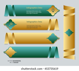 Set of green and golden banners with twisted ribbons; Islamic arabesque banners