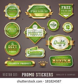 set of green and golden promo seals/stickers - quality and service