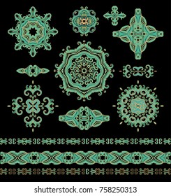 Set of green - golden vector decorative elements on  dark background