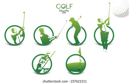 Conjunto de ícones silhuetas de golfe verde, ilustração isolada no fundo branco