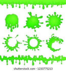 Set of green gooey slime dripping, slime. Vector illustration.