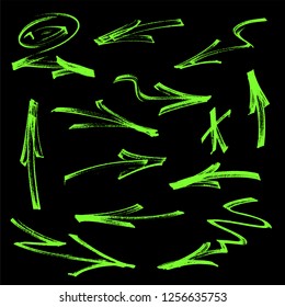 Set of green graffiti arrows drawn by a marker. Vector illustration