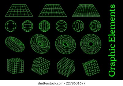 Set of green graphic elements, polygonal models of geometric forms, wireframe vector models.