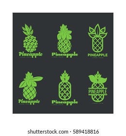 Set of green graphic pineapple logo templates, vector illustration isolated on black background. Stylized graphic pineapple logotype, logo design