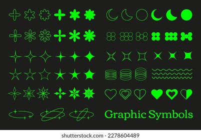 Set of green graphic symbols, icons, geometric forms, vector abstract signs and symbols.