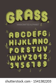 Set of green grass 3D vector alphabet on dark background. Eco design for invitation card. Organic handcrafted typeface