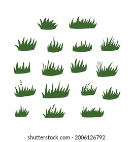 Set of green grass clumps. Vector flat hand drawn illustration.
