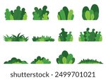 Set of green grass designs isolated on a white background. Green flat bushes. Simple abstract bushes. Ecological elements, leaves, stylish ecosystem. Flat vector illustration.
