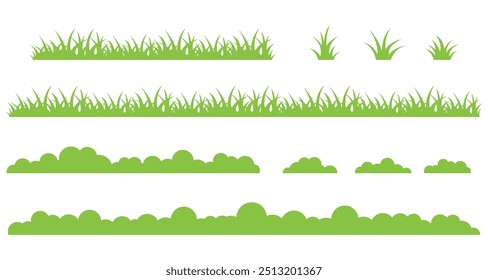 Conjunto de diseños de hierba verde aislados sobre fondo blanco. Ilustración vectorial plana.