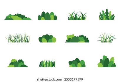 Set of green grass designs isolated on a white background. Green flat bushes. Simple abstract bushes. Ecological elements, leaves, stylish ecosystem. Flat vector illustration.