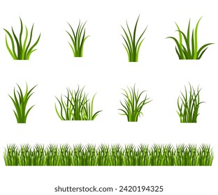Set of green grass in flat design, herb in the yard of the house or field