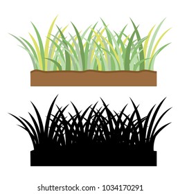 Set of green grass fresh ground and solid black sihouettes grass on white background vector