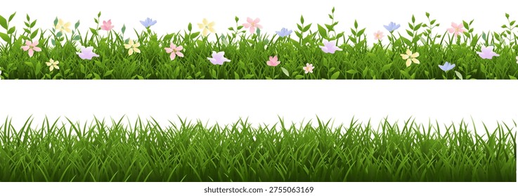 Set Green Grass Isolated Panorama With Flowers , Vector Illustration