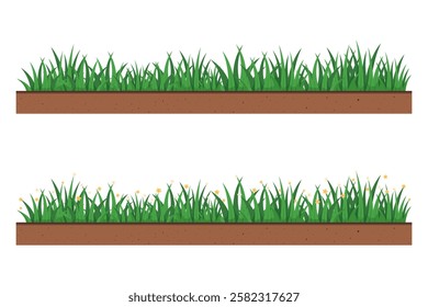 Set of Green grass on ground isolated on white background. Green bush blossom. Green grass collection. Flower bush. Side view of soil. Flat vector illustration.