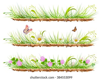 Set green grass on ground. Flowers, clover and butterflies. Isolated on white illustration