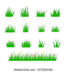 Set of green grass on white background. Vector illustration.