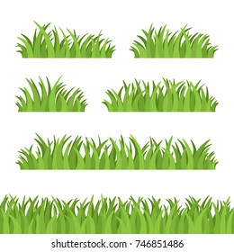 Set of green grass, tuft and seamless pattern isolated on white background. Vector illustration.