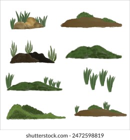 set of green grass watercolor illustration