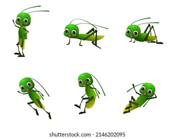 Set of Green grasshopper. Wildlife object. Little funny insect. Cute cartoon style. Isolated on white background. Vector.
