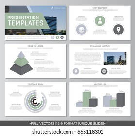 Set of green and gray elements for multipurpose presentation template slides with graphs and charts. Leaflet, corporate report, marketing, advertising,   book cover design.