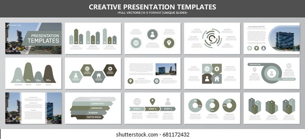 Set of green and gray elements for multipurpose presentation template slides with graphs and charts. Leaflet,  marketing, advertising, annual report, book cover design.
