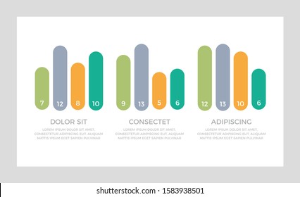 Set of green and gray, orange, turquoise elements for infographic presentation slides with charts, graphs, steps, timeline, number options.