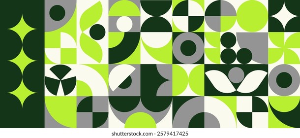 Set of green gray white abstract geometric shapes forms, vector pattern