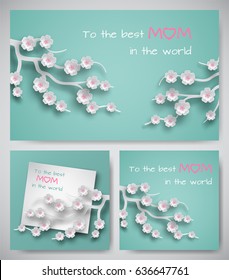 Set of green greeting cards or banners for mothers day. Sheet of paper with congratulation text, backgrounds decorated cutted paper branches of cherry flowers, paper cut art style. Vector illustration