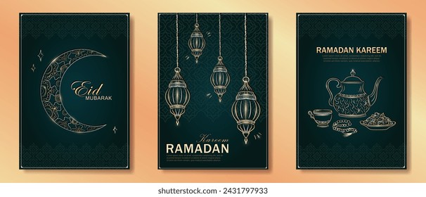 Set von grünen Grußkarten mit handgezeichnetem linearem goldenen Iftari-Essen, arabischen Laternen und ornamentalem muslimischen Halbmond für den Ramadan heiligen Monat. Vorlage für vertikale Eid-Mubarak-Banner