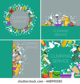 set of green and grey flat cleaning service backgrounds. vector