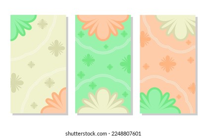 set of green, grey and orange abstract portrait background with flower pattern and lines. simple, flat and colorful. used for wallpaper, backdrop, social media stories and poster